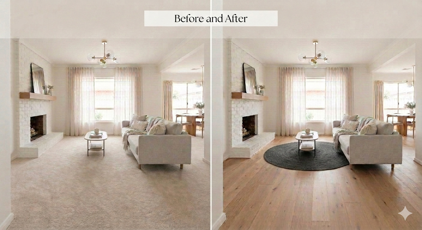 Before and after — carpet replaced with beautiful hardwood flooring in living room