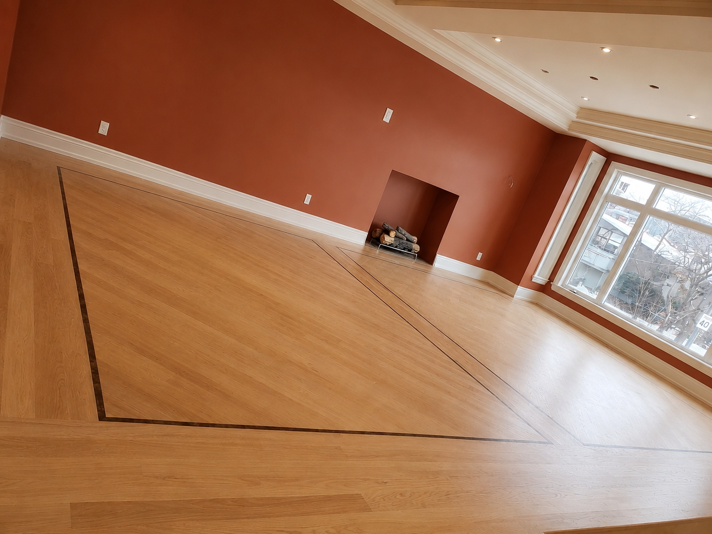 White oak open concept with dark border inlay
